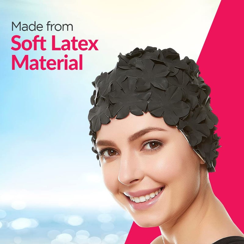 Beemo Latex Swim Cap - Women Stylish Swimming Cap Great for Ladies, Perfect to Keep Hair Dry - Suitable for Long Hair - Flowal Petal Vintage Style - Black - Image 4